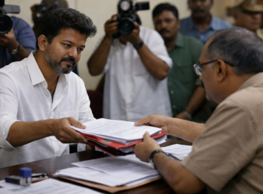 Representative image of TVK chief Vijay submitting revised nomination papers, reflecting the Perambur and Tiruchi East filing correction story in the Tamil Nadu election.