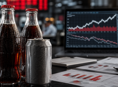 Representative image: Unbranded cola bottles and market charts illustrate how The Coca-Cola Company’s Q1 2026 earnings beat has lifted KO stock while investors weigh pricing slowdown, Asia Pacific weakness, and the durability of full-year guidance.