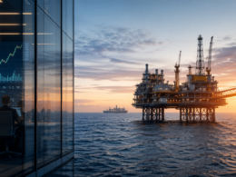 Representative image of offshore oil and gas operations and energy market trading activity, reflecting TotalEnergies SE’s stronger first quarter 2026 earnings, dividend increase, cash flow growth and continued shareholder returns.