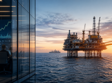 Representative image of offshore oil and gas operations and energy market trading activity, reflecting TotalEnergies SE’s stronger first quarter 2026 earnings, dividend increase, cash flow growth and continued shareholder returns.