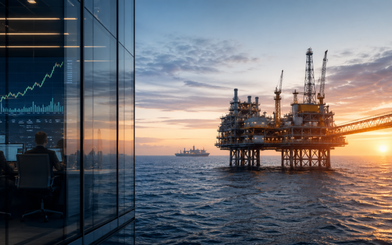 Representative image of offshore oil and gas operations and energy market trading activity, reflecting TotalEnergies SE’s stronger first quarter 2026 earnings, dividend increase, cash flow growth and continued shareholder returns.