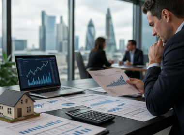 Representative image of UK banking analysts reviewing mortgage and earnings data as Lloyds Banking Group reports stronger first-quarter 2026 profit, upgraded net interest income guidance, and renewed investor debate over whether structural hedge tailwinds can offset a weaker UK macro outlook.