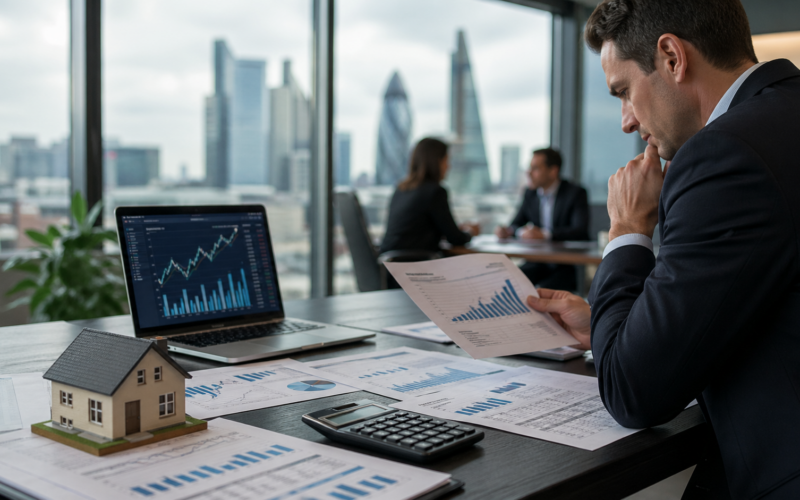 Representative image of UK banking analysts reviewing mortgage and earnings data as Lloyds Banking Group reports stronger first-quarter 2026 profit, upgraded net interest income guidance, and renewed investor debate over whether structural hedge tailwinds can offset a weaker UK macro outlook.
