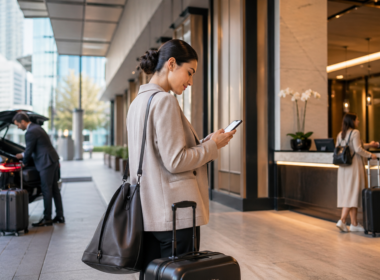 Representative image of a traveler using a mobile app outside a modern hotel, highlighting Uber Technologies’ push into hotel bookings, travel tools, and app-based trip planning through its Expedia Group partnership.