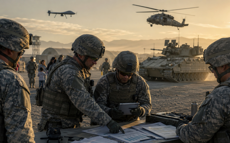 Representative image of United States Army soldiers reviewing operational plans as the service advances its Fiscal Year 2027 budget request, a $253 billion push tied to force modernisation, readiness, and family support.