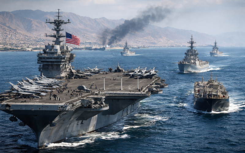 Representative image of a United States Navy carrier strike group at sea, used to illustrate the report on the United States naval blockade of Iranian ports and the widening maritime confrontation with Iran in April 2026.