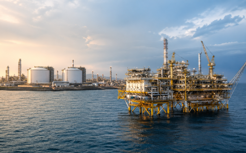 Representative image of offshore energy infrastructure and LNG processing facilities, highlighting Woodside Energy Group Ltd’s Q1 2026 focus on Scarborough execution, stronger realised pricing, and long-term WDS growth catalysts.