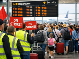 Representative image of airport disruption as ABM workers at London Stansted Airport prepare strike action over pay, raising concerns about Easter holiday flight delays and passenger disruption from April 17 to 20, 2026.