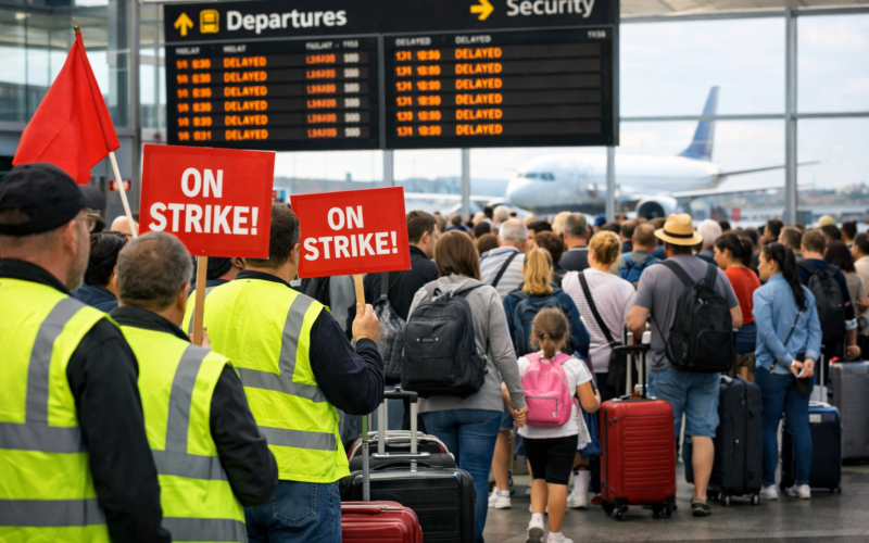 Representative image of airport disruption as ABM workers at London Stansted Airport prepare strike action over pay, raising concerns about Easter holiday flight delays and passenger disruption from April 17 to 20, 2026.