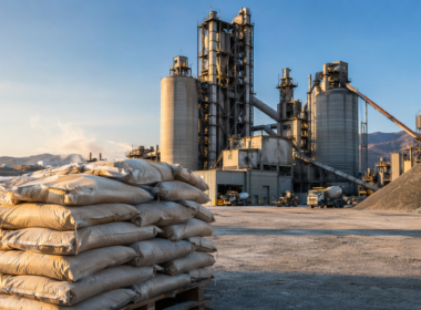 Representative image of a cement manufacturing facility and bagged cement inventory, illustrating the Steppe Cement Ltd Q1 2026 trading update as higher sales volumes, stronger pricing, and rising Kazakhstan market share put the stock in focus.