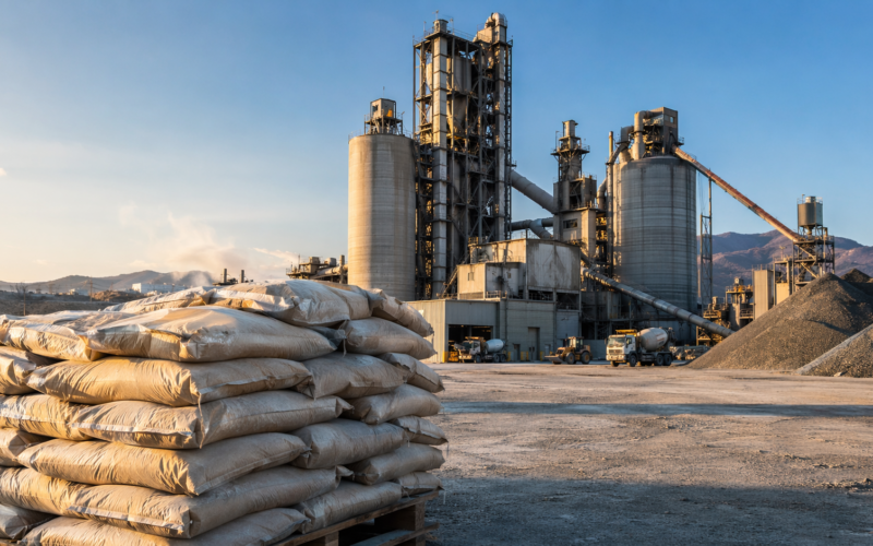 Representative image of a cement manufacturing facility and bagged cement inventory, illustrating the Steppe Cement Ltd Q1 2026 trading update as higher sales volumes, stronger pricing, and rising Kazakhstan market share put the stock in focus.