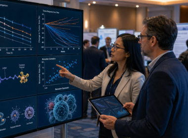 Representative image of oncology researchers reviewing peptide-drug conjugate and pharmacokinetic data at a cancer research conference, reflecting investor interest in Avacta Group PLC’s AACR 2026 update on AVA6103 and AVA6207.