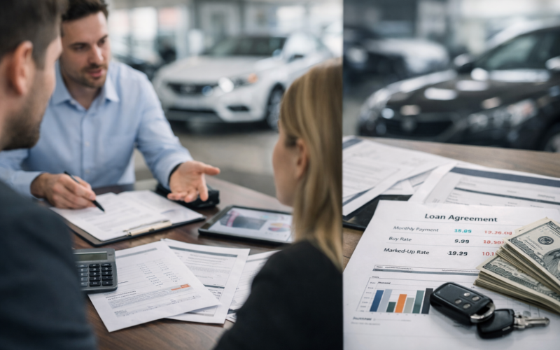 A dealership negotiation scene highlights the pricing and financing complexity that DriveYo says its AI car-buying platform can help consumers uncover.