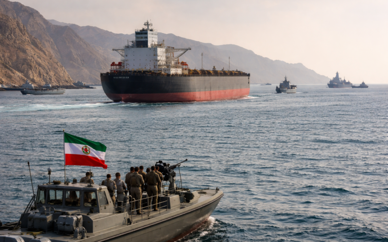 Representative image of commercial shipping and naval activity in the Strait of Hormuz, as Iran reopens the key oil transit route while uncertainty over the United States naval blockade continues.