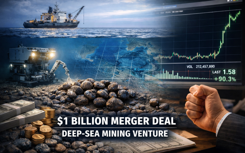Representative image of a deep-sea mining vessel and seabed nodule recovery concept, illustrating the American Ocean Minerals Corporation and Odyssey Marine Exploration merger as investors assess the proposed $1 billion U.S.-controlled polymetallic nodule platform and the sharp surge in Odyssey Marine Exploration stock.