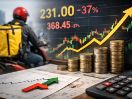 Representative image of a delivery rider and market data visuals highlighting Eternal Limited and Blinkit, examining whether Blinkit can carry the company into profit as investors track the share price correction and upcoming Q4 FY26 earnings.