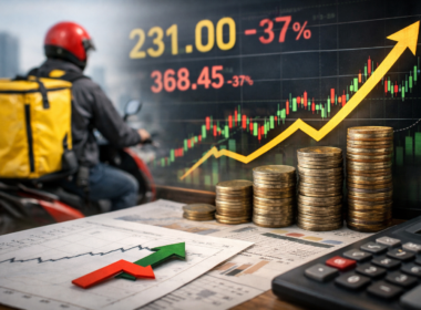 Representative image of a delivery rider and market data visuals highlighting Eternal Limited and Blinkit, examining whether Blinkit can carry the company into profit as investors track the share price correction and upcoming Q4 FY26 earnings.