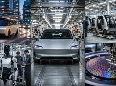 Representative image of an electric vehicle factory and autonomous mobility ecosystem, illustrating why Tesla, Inc. stock is in focus after Q1 2026 results highlighted Robotaxi expansion, Cybercab pilot production, Optimus factory preparation, and semiconductor strategy.