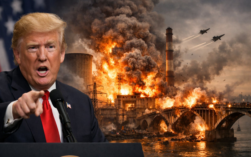 Representative image of an escalating Iran war scenario as United States President Donald Trump threatens to destroy Iran’s power plants and bridges ahead of a Tuesday deadline, underscoring rising fears over ceasefire collapse, Strait of Hormuz tensions, and wider Middle East conflict.