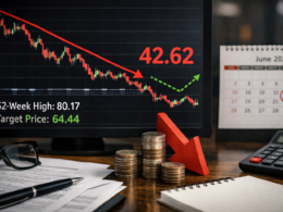 Representative image of a falling retail stock chart and earnings calendar used to illustrate why Nike, Inc. stock is trading near multi-year lows as investors weigh Q3 FY2026 results, weak guidance, and the path to the June 2026 earnings report.