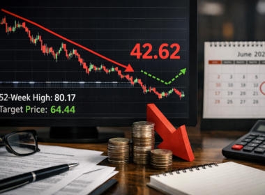 Representative image of a falling retail stock chart and earnings calendar used to illustrate why Nike, Inc. stock is trading near multi-year lows as investors weigh Q3 FY2026 results, weak guidance, and the path to the June 2026 earnings report.