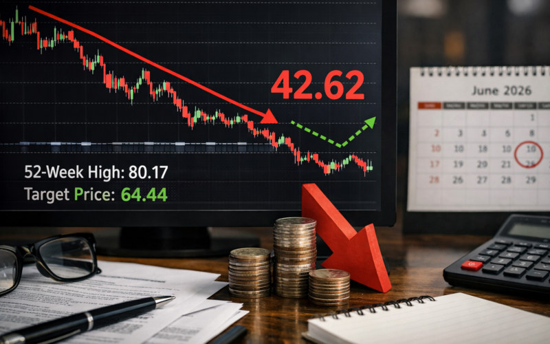 Representative image of a falling retail stock chart and earnings calendar used to illustrate why Nike, Inc. stock is trading near multi-year lows as investors weigh Q3 FY2026 results, weak guidance, and the path to the June 2026 earnings report.