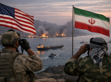 Representative image of heightened United States-Iran tensions around the Strait of Hormuz, illustrating the disputed April 2026 ceasefire, shipping risk, and threat of wider military escalation.