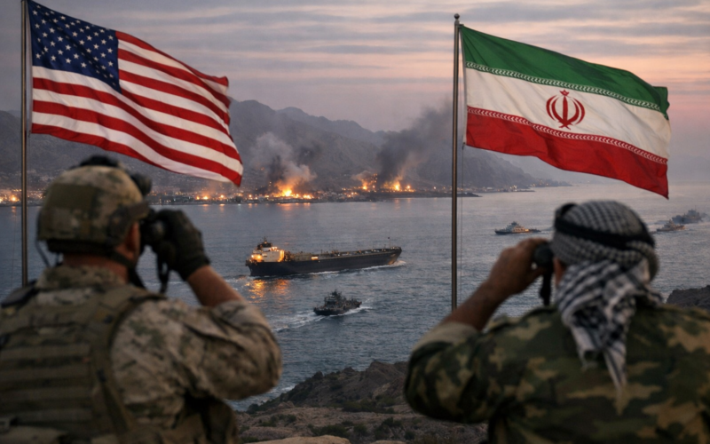 Representative image of heightened United States-Iran tensions around the Strait of Hormuz, illustrating the disputed April 2026 ceasefire, shipping risk, and threat of wider military escalation.