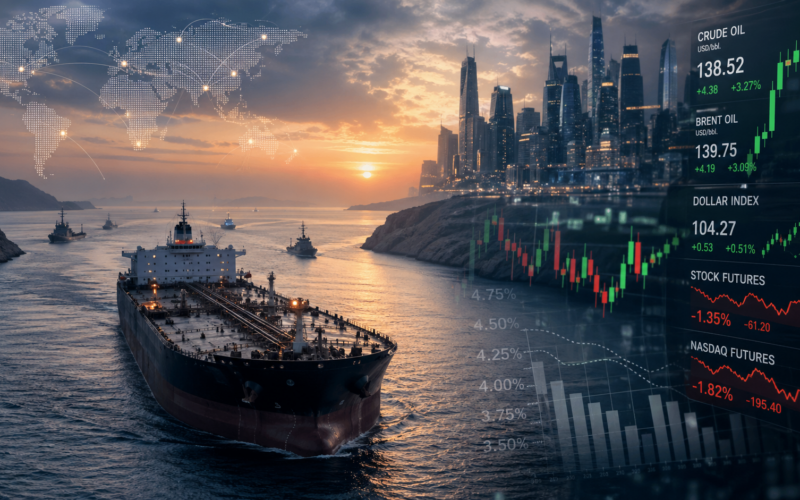 Representative image of an oil tanker crossing a strategic maritime route as Brent crude prices surge, global stock futures weaken, and investors brace for a pivotal central bank policy week.