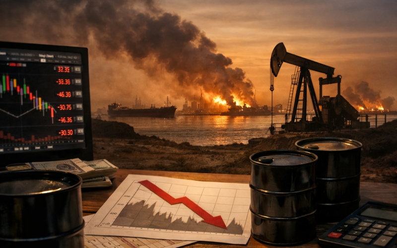 Representative image of oil market volatility as Brent crude and United States West Texas Intermediate posted their steepest weekly losses in years amid United States-Iran ceasefire uncertainty, Strait of Hormuz shipping risks, and Gulf energy infrastructure disruption.