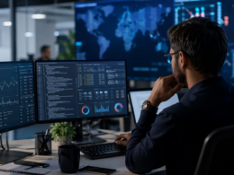 Representative image of an enterprise software professional monitoring cloud, cybersecurity, and data workflows, reflecting investor focus on OpenText Corporation (NASDAQ: OTEX) ahead of its next earnings catalyst and leadership transition.
