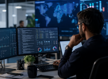 Representative image of an enterprise software professional monitoring cloud, cybersecurity, and data workflows, reflecting investor focus on OpenText Corporation (NASDAQ: OTEX) ahead of its next earnings catalyst and leadership transition.