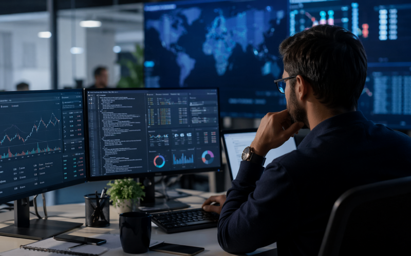 Representative image of an enterprise software professional monitoring cloud, cybersecurity, and data workflows, reflecting investor focus on OpenText Corporation (NASDAQ: OTEX) ahead of its next earnings catalyst and leadership transition.