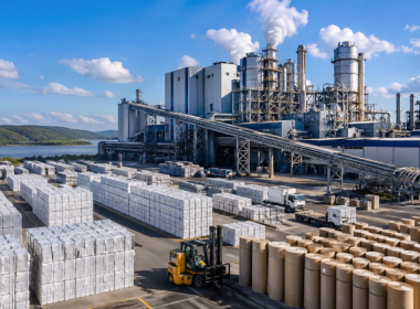 Representative image of a large-scale pulp and paper mill, highlighting how Suzano’s record 12.7 million tonnes of pulp sales is putting capacity expansion, cash generation and global pulp market resilience in focus.