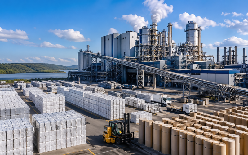 Representative image of a large-scale pulp and paper mill, highlighting how Suzano’s record 12.7 million tonnes of pulp sales is putting capacity expansion, cash generation and global pulp market resilience in focus.