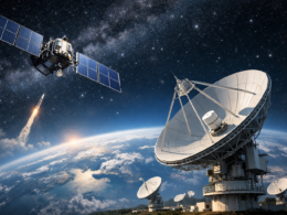 Representative image of a low-Earth-orbit satellite and ground station infrastructure, reflecting the strategic backdrop to the reported Amazon bid for Globalstar as the satellite spectrum war and competition for scarce orbital communications assets intensify.
