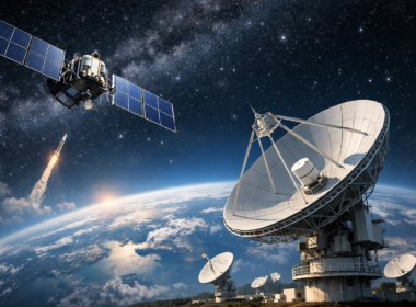 Representative image of a low-Earth-orbit satellite and ground station infrastructure, reflecting the strategic backdrop to the reported Amazon bid for Globalstar as the satellite spectrum war and competition for scarce orbital communications assets intensify.