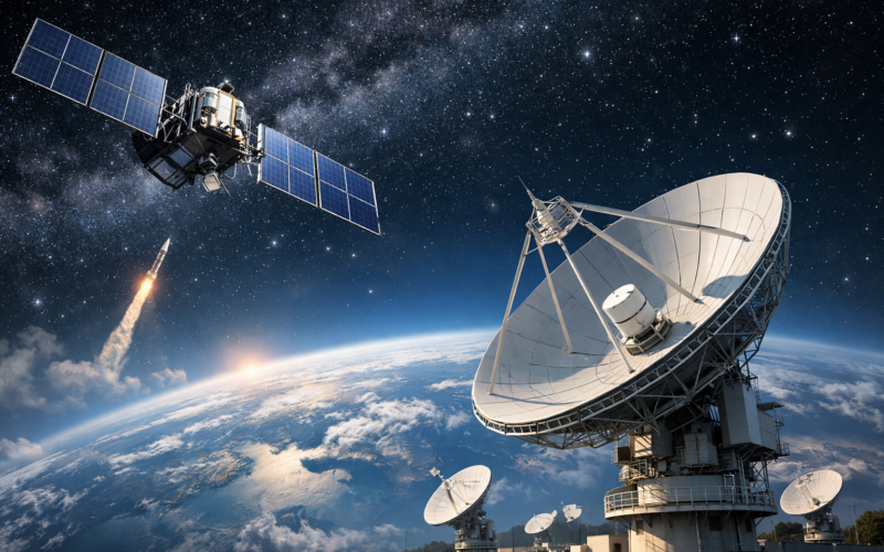 Representative image of a low-Earth-orbit satellite and ground station infrastructure, reflecting the strategic backdrop to the reported Amazon bid for Globalstar as the satellite spectrum war and competition for scarce orbital communications assets intensify.