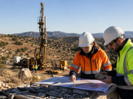 Representative image of a mineral exploration team reviewing drill core samples at a copper and gold drilling site, as Pan Global Resources’ Alpayana-backed C$7.2 million financing sharpens investor focus on Spain’s Escacena and Cármenes projects.
