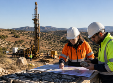 Representative image of a mineral exploration team reviewing drill core samples at a copper and gold drilling site, as Pan Global Resources’ Alpayana-backed C$7.2 million financing sharpens investor focus on Spain’s Escacena and Cármenes projects.