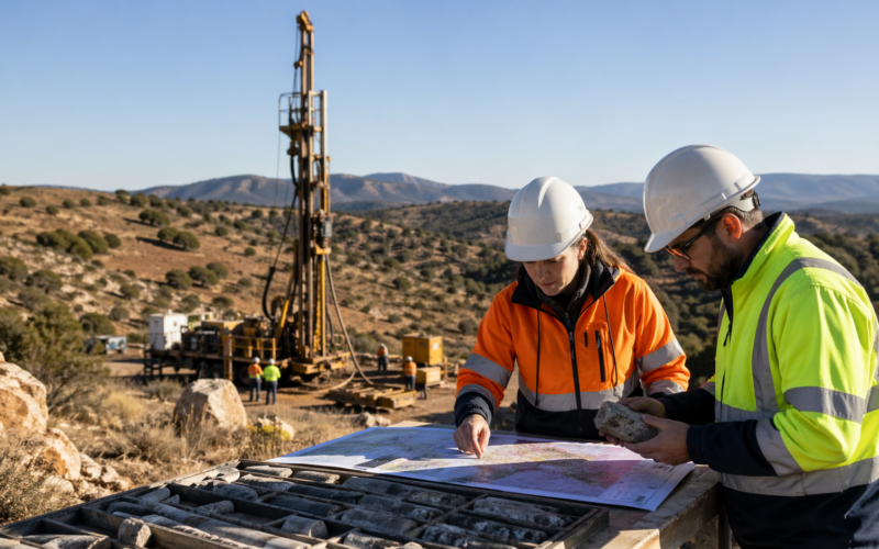 Representative image of a mineral exploration team reviewing drill core samples at a copper and gold drilling site, as Pan Global Resources’ Alpayana-backed C$7.2 million financing sharpens investor focus on Spain’s Escacena and Cármenes projects.