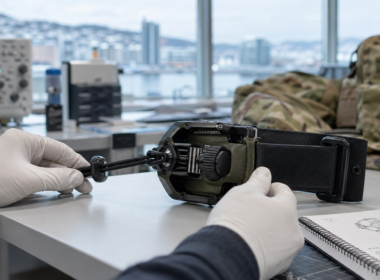 Representative image of a next-generation battlefield tourniquet prototype being tested in a medtech laboratory, highlighting how Aristeia AS and NATO trauma procurement trends could reshape the global tactical medical devices market.