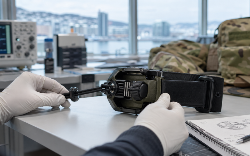 Representative image of a next-generation battlefield tourniquet prototype being tested in a medtech laboratory, highlighting how Aristeia AS and NATO trauma procurement trends could reshape the global tactical medical devices market.
