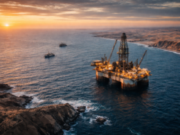 Representative image of an offshore drilling rig near Namibia’s coast at sunset, illustrating bp plc’s entry into the Walvis Basin through its Eco Atlantic Oil & Gas block acquisition.