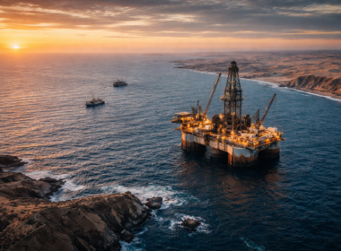Representative image of an offshore drilling rig near Namibia’s coast at sunset, illustrating bp plc’s entry into the Walvis Basin through its Eco Atlantic Oil & Gas block acquisition.