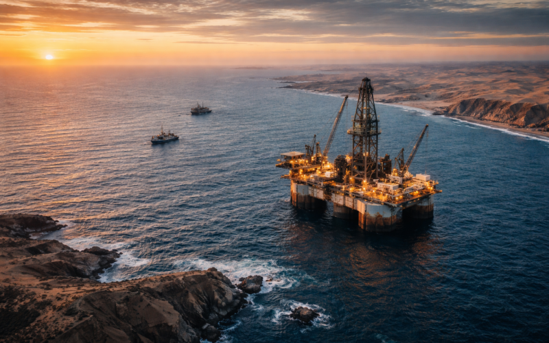 Representative image of an offshore drilling rig near Namibia’s coast at sunset, illustrating bp plc’s entry into the Walvis Basin through its Eco Atlantic Oil & Gas block acquisition.