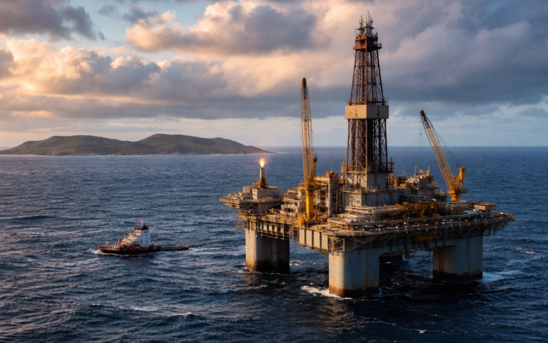 Representative image of an offshore oil platform in the Falkland Islands region, illustrating how Rockhopper Exploration plc’s Sea Lion reserves upgrade is reshaping the Sea Lion oil project investment story.