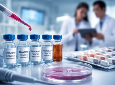 Representative image of ovarian cancer laboratory research and treatment development, illustrating the Corcept Therapeutics Lifyorli and ROSELLA trial story in platinum-resistant ovarian cancer.