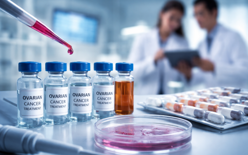 Representative image of ovarian cancer laboratory research and treatment development, illustrating the Corcept Therapeutics Lifyorli and ROSELLA trial story in platinum-resistant ovarian cancer.