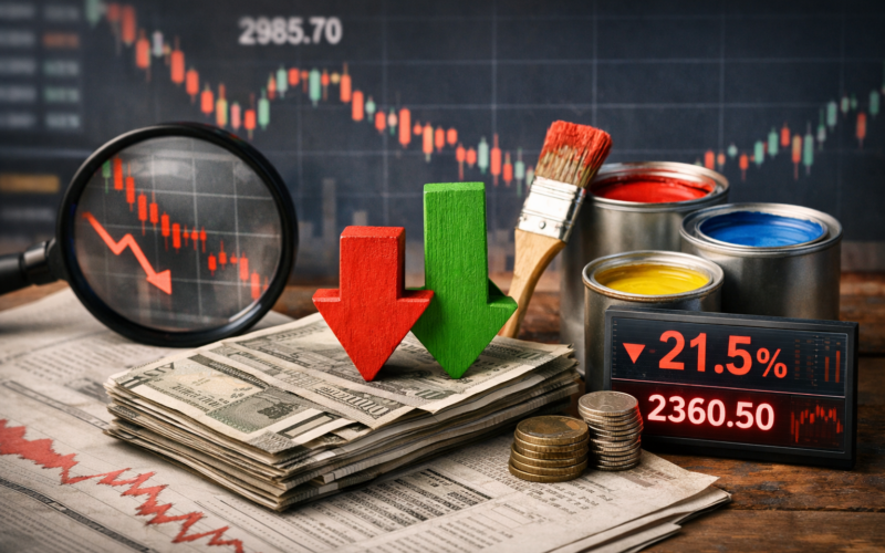 Representative image of paint cans and market trend visuals for a story on Asian Paints Q4 FY26 results, margin pressure, and the intensifying paint sector competition in India.